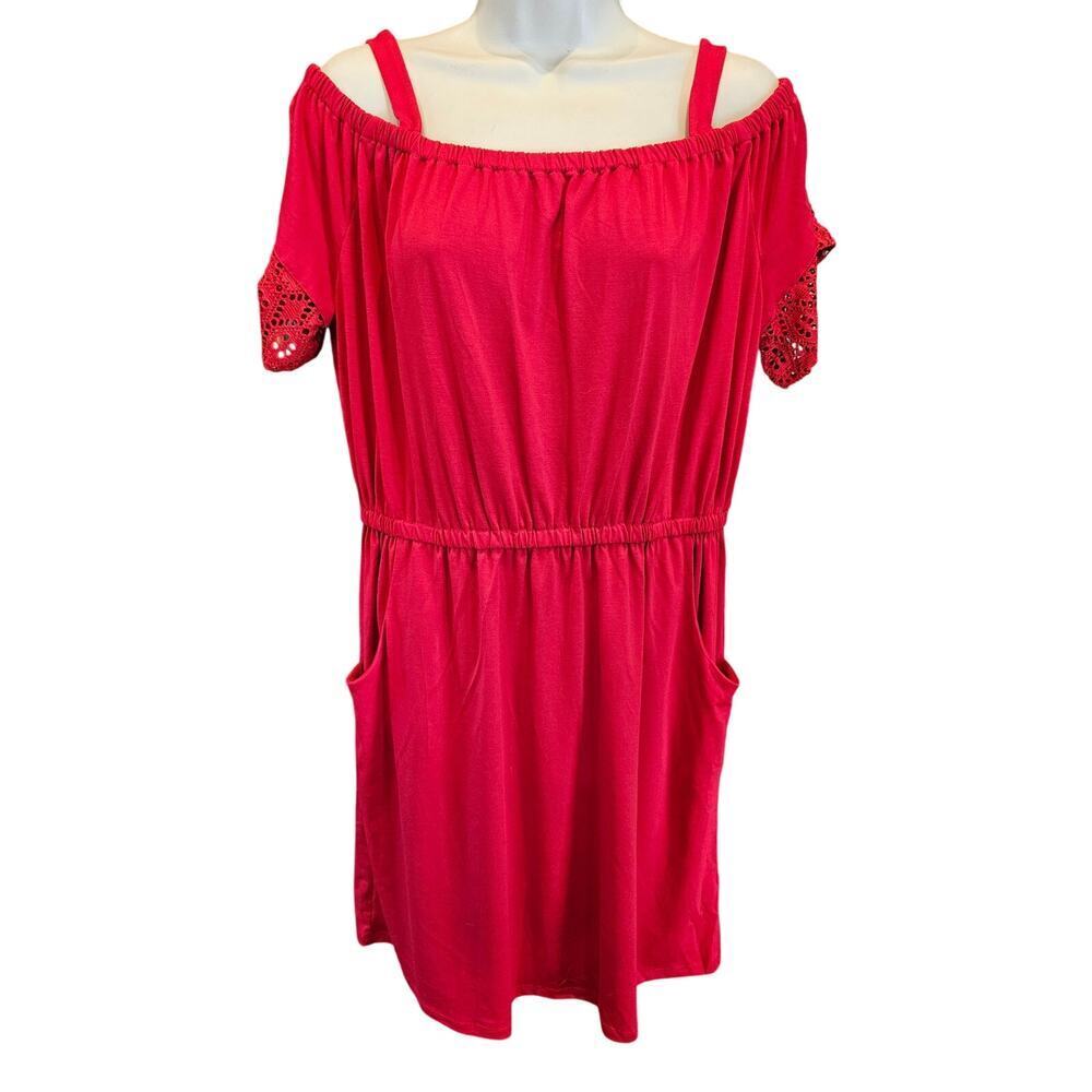 Bright Red Off Shoulder Shift Sun Dress Size Medium With Pockets Casual Comfort